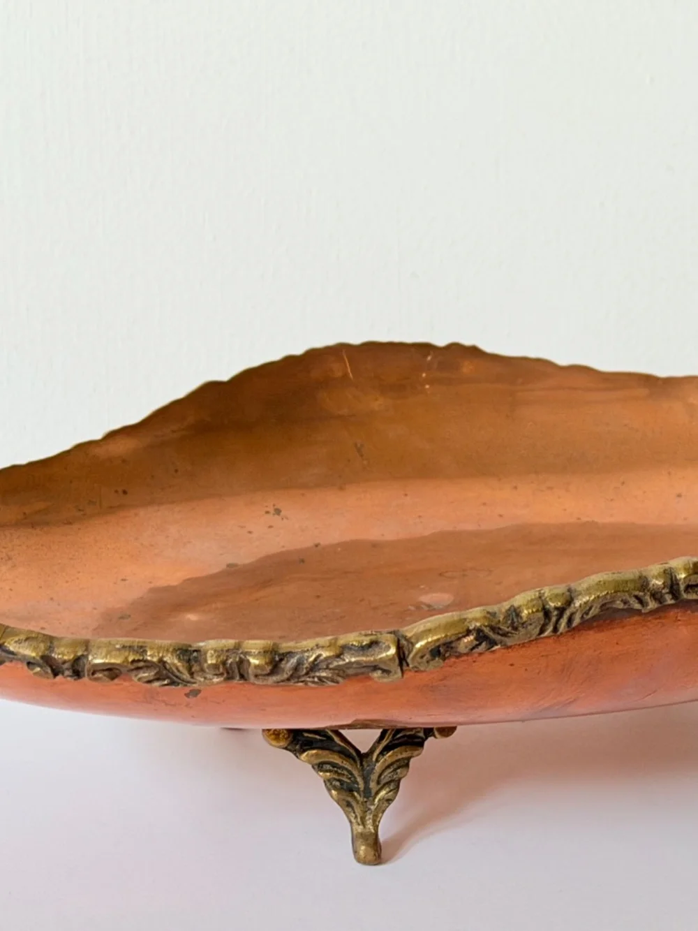 Vintage Copper and Brass Footed Tray Bowl Bird Handles Possibly made in Mexico